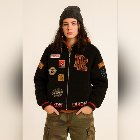 Fashion 4006, dikon Bomber Jacket with patches Zipper Black Size XL Unsex - Picture 1 of 15